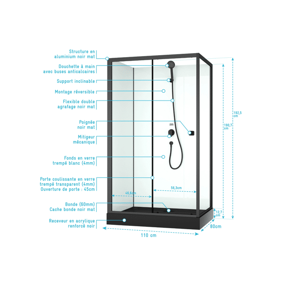 Aurlane Douchewanden Essential Rechthoek 80x110 Rec Zwart