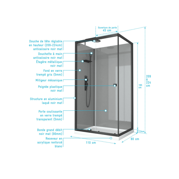 Aurlane Douchewanden Grey Touch 80x110 Lage Tray