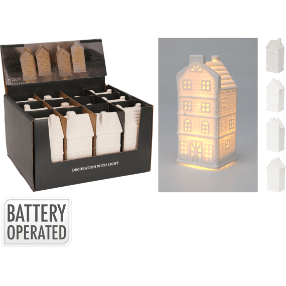 Kerstdeco Huisje Wit Met Led 12cm Assortiment