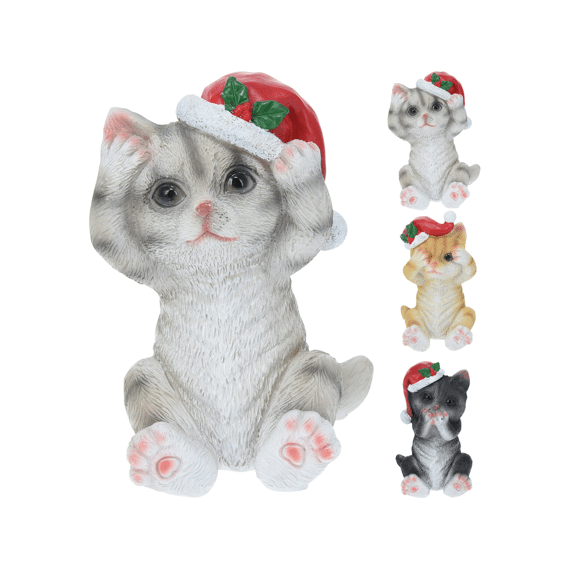 Kat Met Kerstmuts 9x7x13cm Assortiment