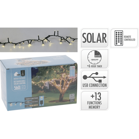 Solar Verlichting Rechargeable 560 Led 11m Warm Wit