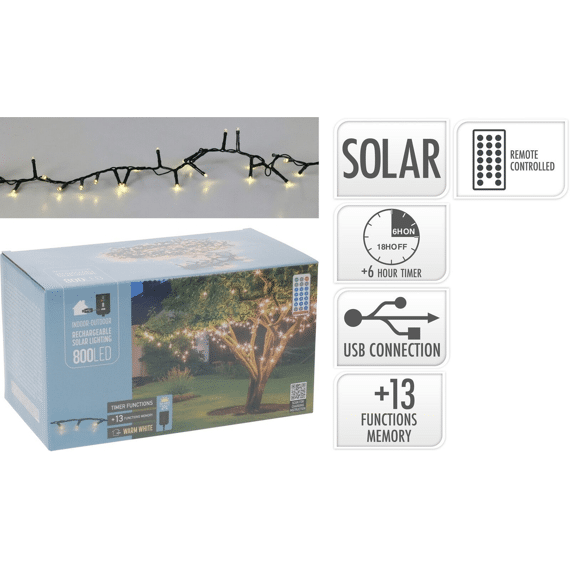 Solar Verlichting Rechargeable 800 Led 16m Warm Wit