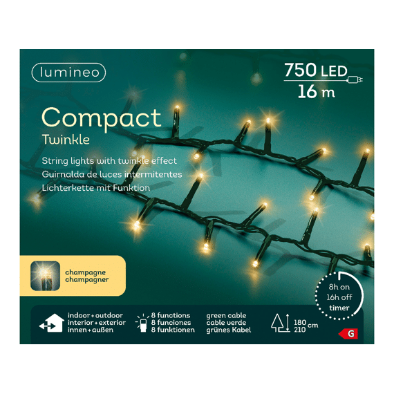 Lumineo Led Compact Twinkle Lights 16m-750 leds Champagne