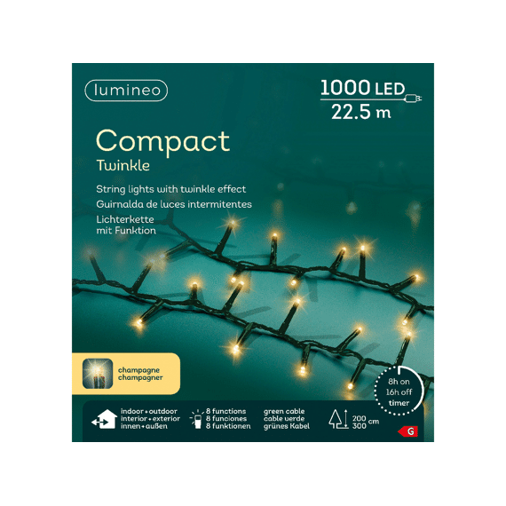 Lumineo Led Compact Lights Twinkle 22,5m 1000 leds Groen/soft Gold
