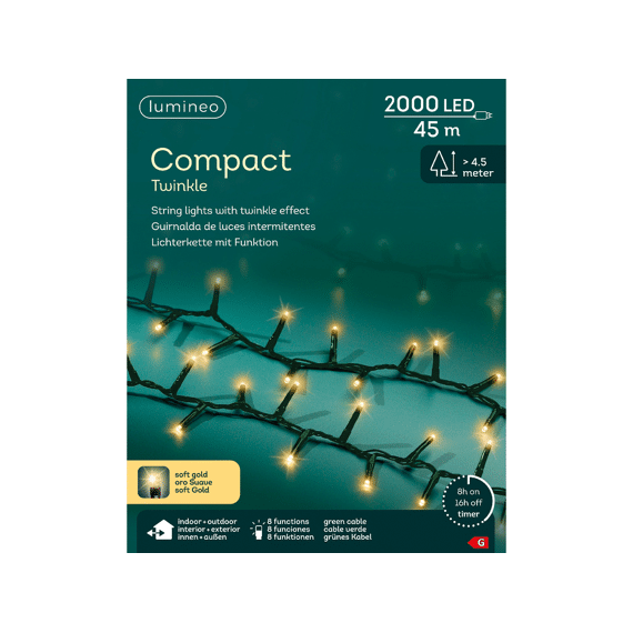 Lumineo Led Compact Lights Twinkle 45m-2000 leds Groen/soft Gold