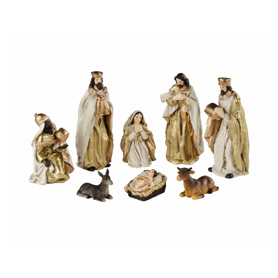 Kerststal figuren Polyresin 8stuks Creme/goud