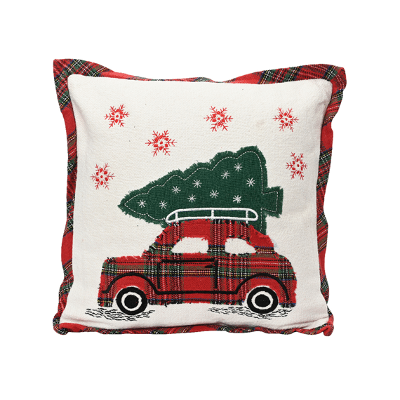 Kerstkussen met Retro Auto 45x45cm Rood/warm Wit