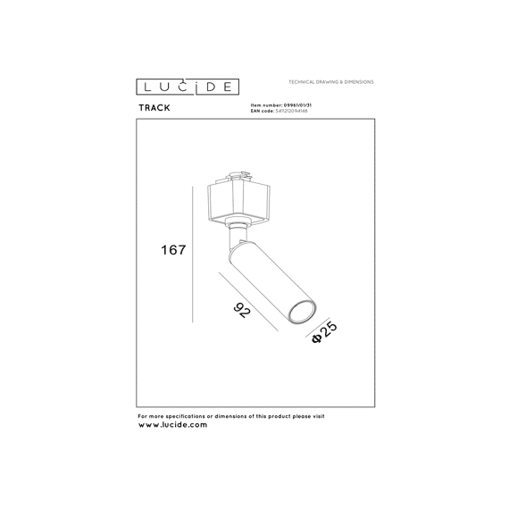 Lucide Track Keoni Railspot - 1-fase Railsysteem / Railverlichting - 1xg9 - Wit