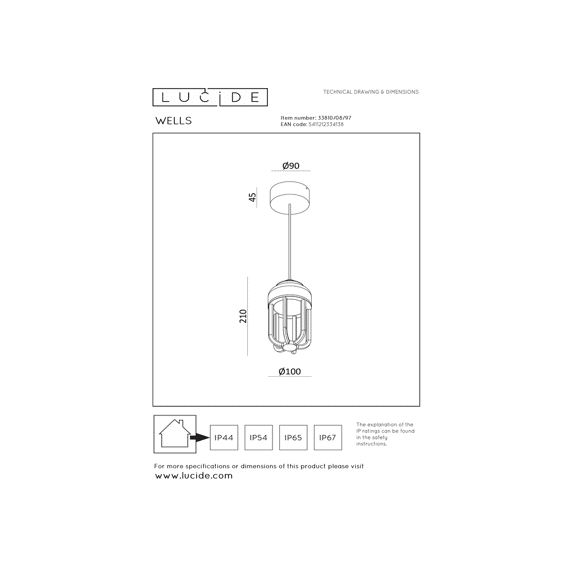 Lucide Wells - Hanglamp Binnen/buiten - Ø 10 Cm - Led - 1x8w 2700k - Ip54 - Roest Bruin