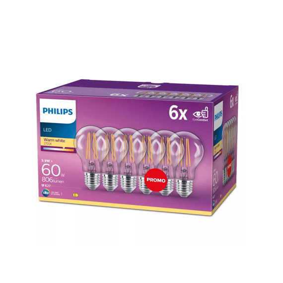 Philips Led Classic 60w A60 E27 Warm Wit Clear Niet Dimbaar 6-Pack