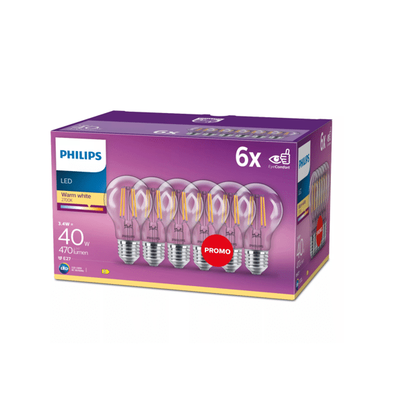 Philips Led Classic 40w A60 E27 Warm Wit Clear Niet Dimbaar 6-Pack