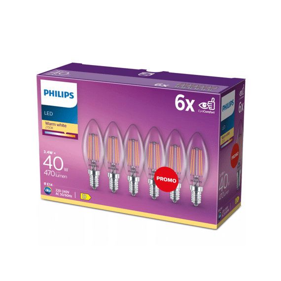 Philips Led Classic 40w B35 E14 Warm Wit Clear Niet Dimbaar 6-Pack