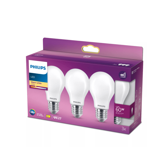 Philips Led Classic 60w A60 E27 Warm Wit Frosted Niet Dimbaar 3-Pack