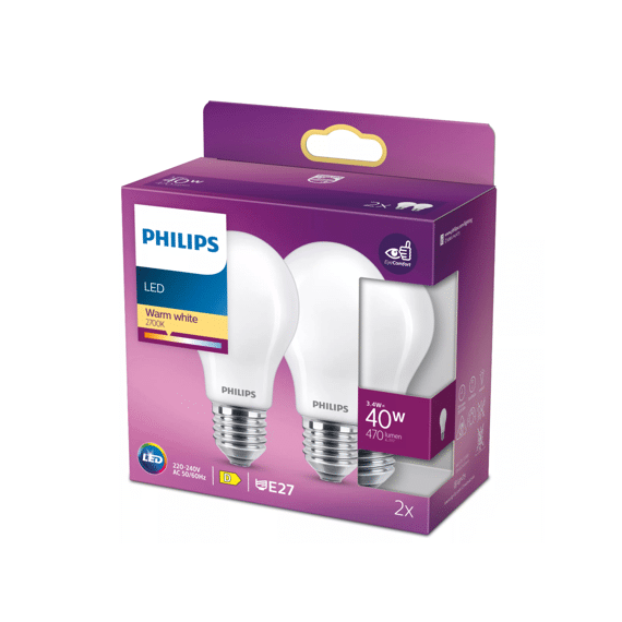 Philips Led Classic 40w A60 E27 Warm Wit Frosted Niet Dimbaar 2-Pack