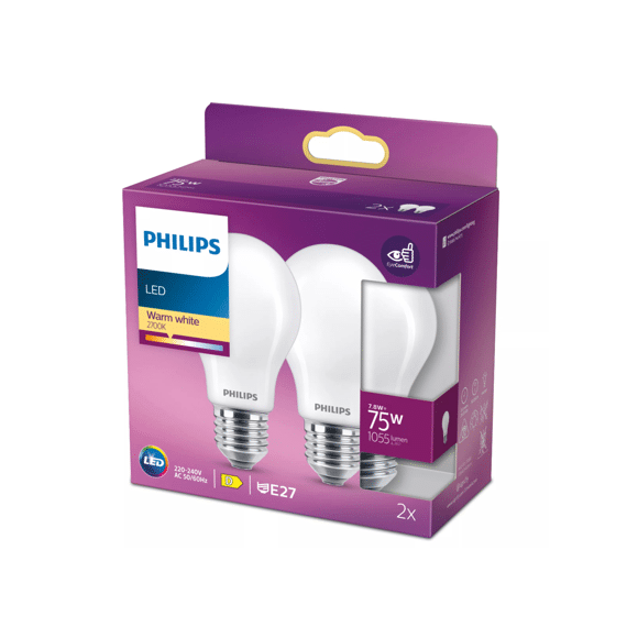 Philips Led Classic 75w A60 E27 Warm Wit Frosted Niet Dimbaar 2-Pack