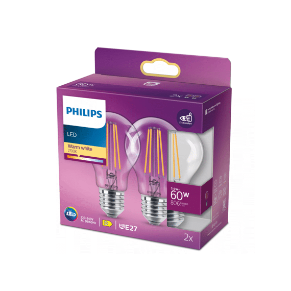 Philips Led Classic 60w A60 E27 Warm Wit Clear Niet Dimbaar 2-Pack