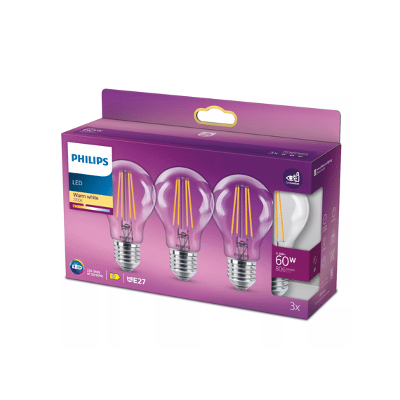 Philips Led Classic 60w A60 E27 Warm Wit Clear Niet Dimbaar 3-Pack