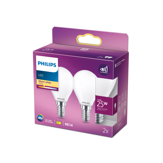 Philips Led Classic 25w P45 E14 Warm Wit Frosted Niet Dimbaar 2-Pack