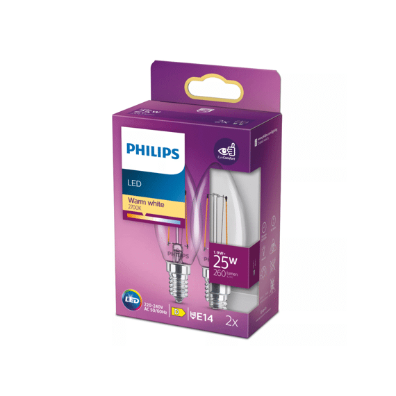 Philips Led Classic 25w B35 E14 Warm Wit Clear Niet Dimbaar 2-Pack