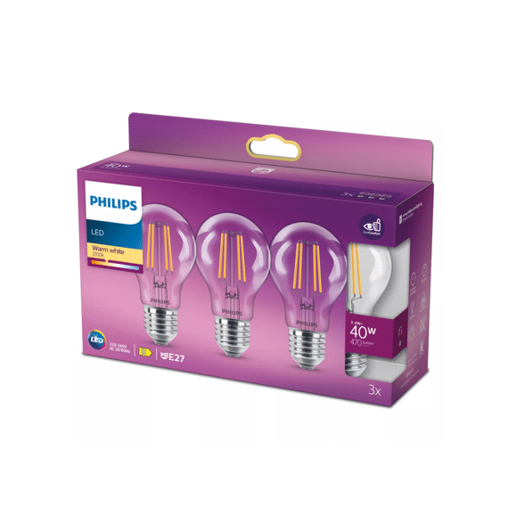 Philips Led Classic 40w A60 E27 Warm Wit Clear Niet Dimbaar 3-Pack