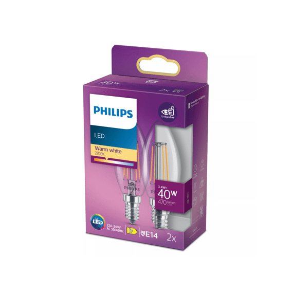 Philips Led Classic 40w B35 E14 Warm Wit Clear Niet Dimbaar 2-Pack