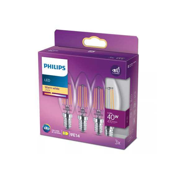 Philips Led Classic 40w B35 E14 Warm Wit Clear Niet Dimbaar 3-Pack