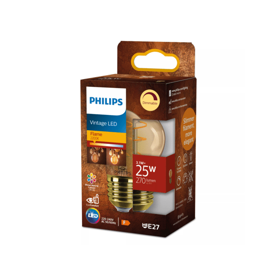 Philips Led Vintage 25w P45 2200k E27 Amber Flame Dimbaar