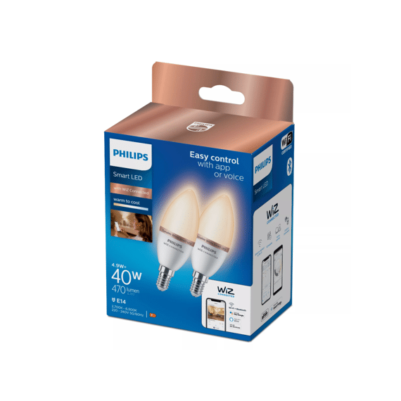 Philips Wiz Smart Lamp 40w C37 E14 927-65 Instelbaar Wit 2-Pack
