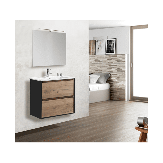 Badkamermeubel  Melanie Eik/zwart  2 Schuiven 060 Cm Incl Wast & Spgl