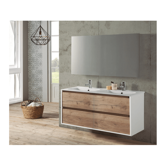 Badkamermeubel  Melanie Eik/wit Mat 4 Schuiven 120 Cm Incl Wast & Spgl