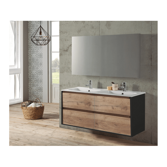 Badkamermeubel  Melanie Eik/zwart  4 Schuiven 120 Cm Incl Wast & Spgl