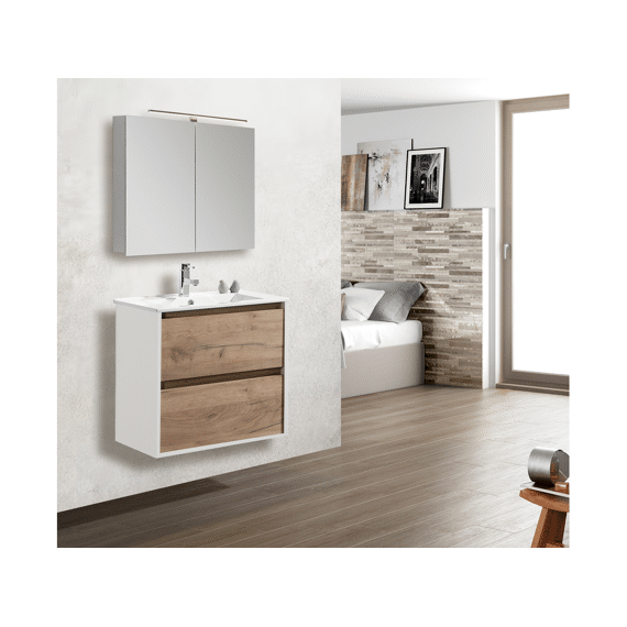 Meubelset Melanie + Eik/wit Mat 2 Schuiven 080 Cm  Incl Wast & Tk