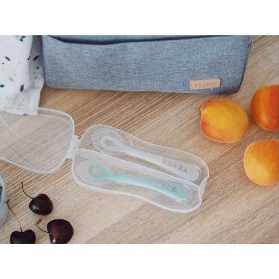 Beaba Lepel Siliconen 2de Leeftijd 2pack+reisetui Clay Grijsgroen