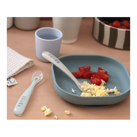 Beaba Lepel Siliconen 1ste Leeftijd 2pack+reisetui Clay Grijsgroen