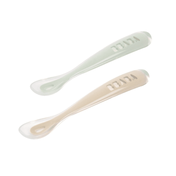 Beaba Lepel Siliconen 1ste Leeftijd 2pack+reisetui Clay Grijsgroen