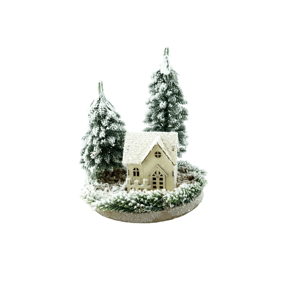 Snowy House With 2 Pines & Led Batt