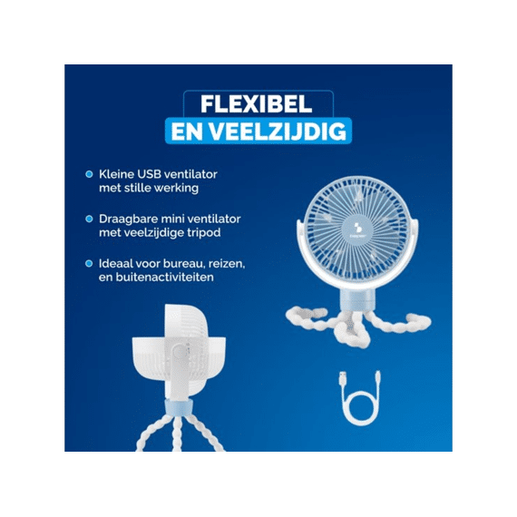Beper Mini Ventilator Tripod Oplaadbaar Usb Led Wit Blauw