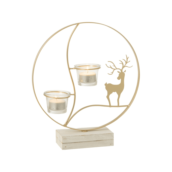 J-line Theelichthouder Rendier Wit Goud Medium 10x6x11,5cm