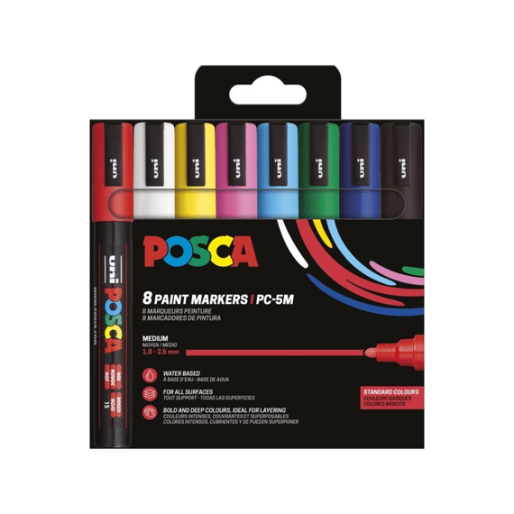 Posca Set Van 8 Markers Rood-wit-geel-roze-blauw-groen-donkerblauw-zwart