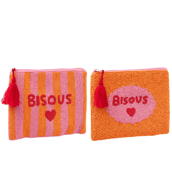 J-Line Tasje Bisous Gestreept Katoen Roz/or 19x3x16cm 2 Assortiment