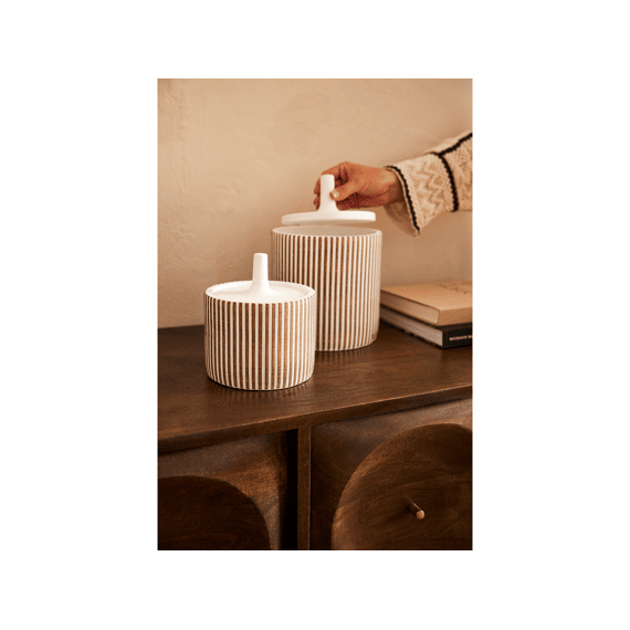 J-Line Kruik Deco Rond Gestreept Cement Wit/bruin 14x14x16cm