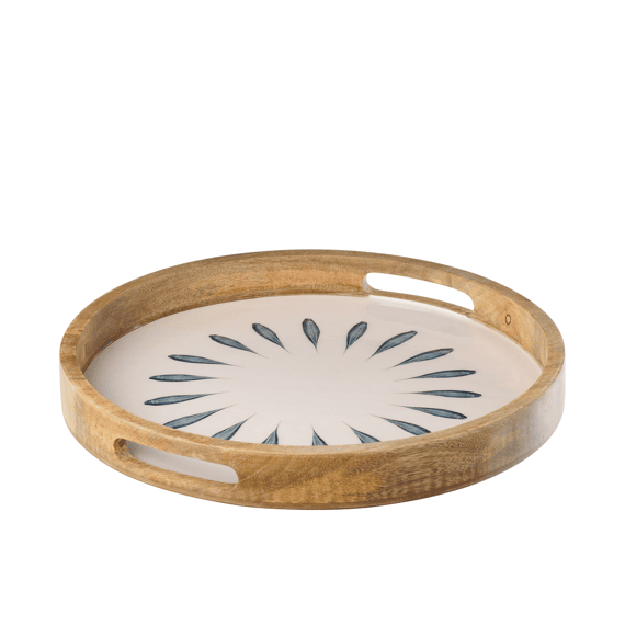 J-Line Dienblad Rond Mangohout Blauw/Wit 40x40x4,5cm