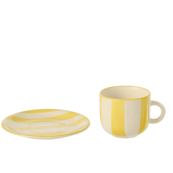 J-Line Koffiekop + Bord Gestreept Klei Geel/Wit 15x15x8cm