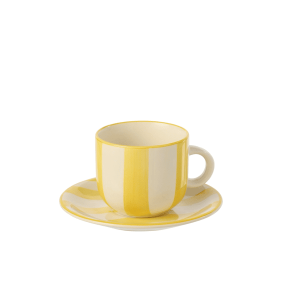 J-Line Koffiekop + Bord Gestreept Klei Geel/Wit 15x15x8cm