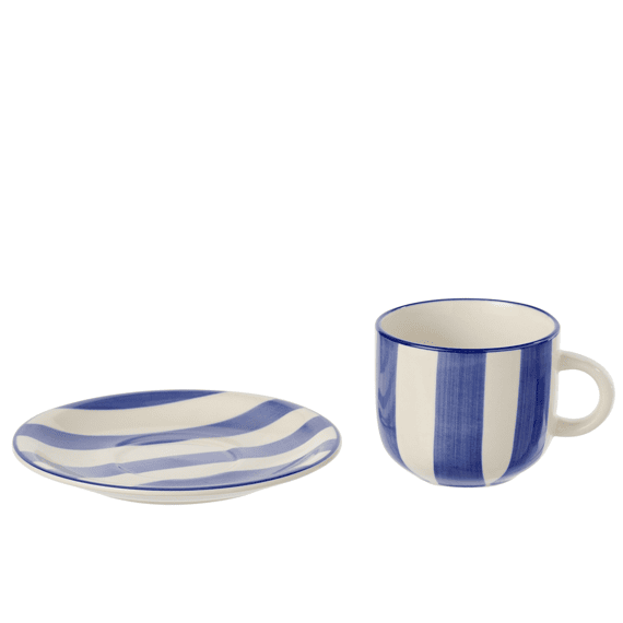 J-Line Koffiekop + Bord Gestreept Klei Blauw/Wit 15x15x8cm