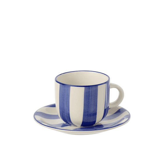 J-Line Koffiekop + Bord Gestreept Klei Blauw/Wit 15x15x8cm
