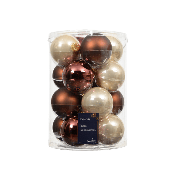 Decoris Kerstballen Set Glas 8cm bruin 16 stuks