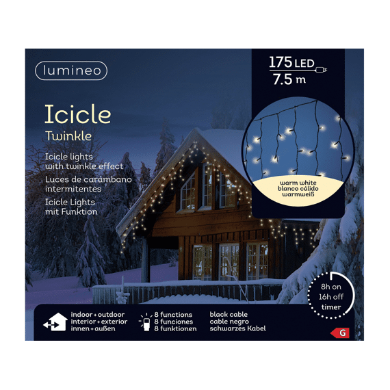 Lumineo Ijspegelverlichting Led Icicle Twinkle 7,5m 175 Led Warm Wit