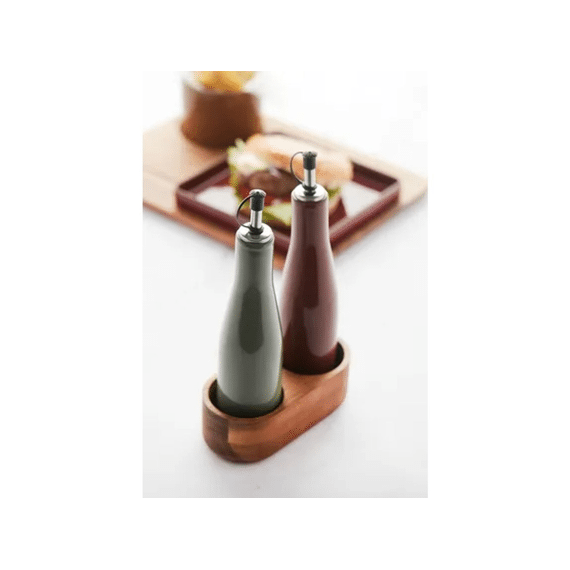 Point-virgule Sharing Set Van Olie- En Azijnfles Uit Steengoed En Houder Uit Acacia 16x8x25cm