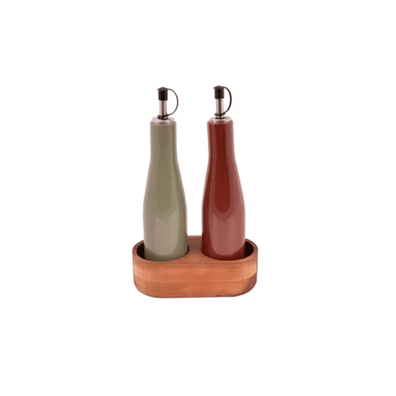 Point-virgule Sharing Set Van Olie- En Azijnfles Uit Steengoed En Houder Uit Acacia 16x8x25cm